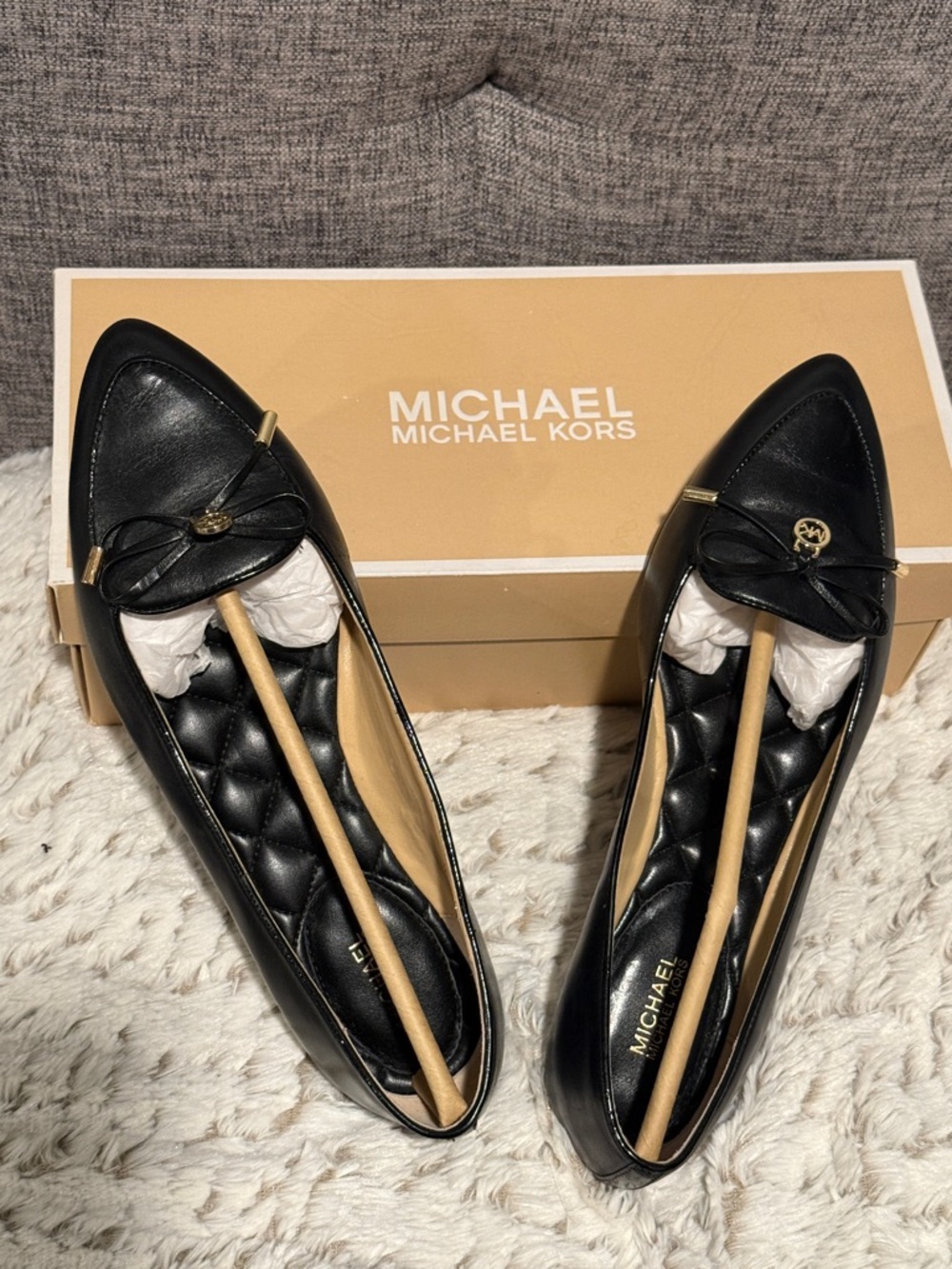 Michael Kors Black Quilted Leather Pointed Toe Flats with Gold Accents - Picture 6 of 6